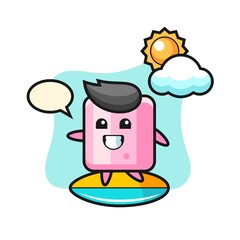 Illustration of marshmallow cartoon do surfing on the beach