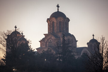 Church of Saint Mark, also called Crkva Svetog Marka, dunring a sunset evening. It is an orthodox church and a major touristic landmark - obrazy, fototapety, plakaty