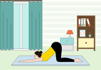 Fototapeta na wymiar Vector illustration of a woman doing yoga inside the house.