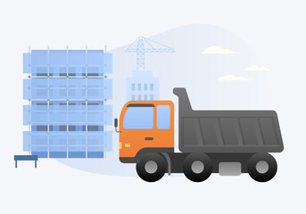 Vector illustration of building construction site and dump truck.
