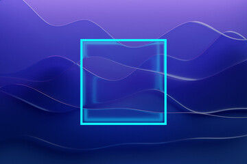 3D illustration  of bright  blue neon square  on purplewave  background. 3d rendering. Minimalism geometry background
