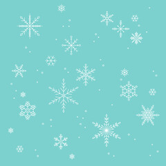 White snowflakes illustration on blue background.