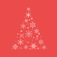 Fototapeta na wymiar White snowflakes Christmas tree illustration on red background.