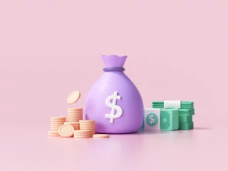 Fotobehang 3D Money concept. money bag, coins stack and banknotes. 3d render illustration © StockStyle