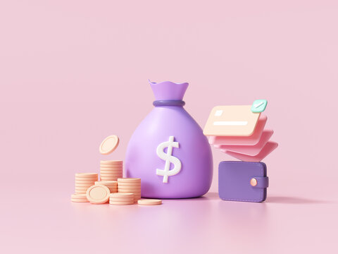 3D Money concept. money bag, coins stack and credit card wallet. 3d render illustration