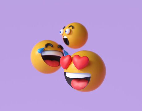 3D Emoji and emoticon faces. Floating Emojis or emoticons with surprise, funny, and laughing isolated in purple background. 3d render illustration.