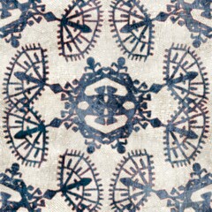 Seamless grungy tribal ethnic rug motif pattern. High quality illustration. Distressed old looking native style design in shades of gray and cream. Old artisan textile seamless pattern.