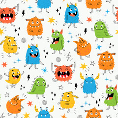 Vector seamless pattern of funny colorful monsters for kid's design - 425168778