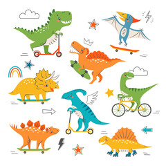 Set of cute funny dinosaurs riding skateboard, scooter, bike and roller skates. Cartoon cool dino characters and graphic elements for children's design - 425168781