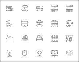 Set of vendor and store line style. It contains such Icons as shop, sign board, shopping, street food, vendor booth, food cart, market and other elements. customize color, easy resize.