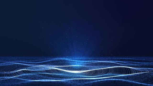 Dynamic circle grid particle wave flowing in blue cyberspace with volumetric spotlight, abstract beautiful futuristic data technology motion background with copy space for adding logo or text design