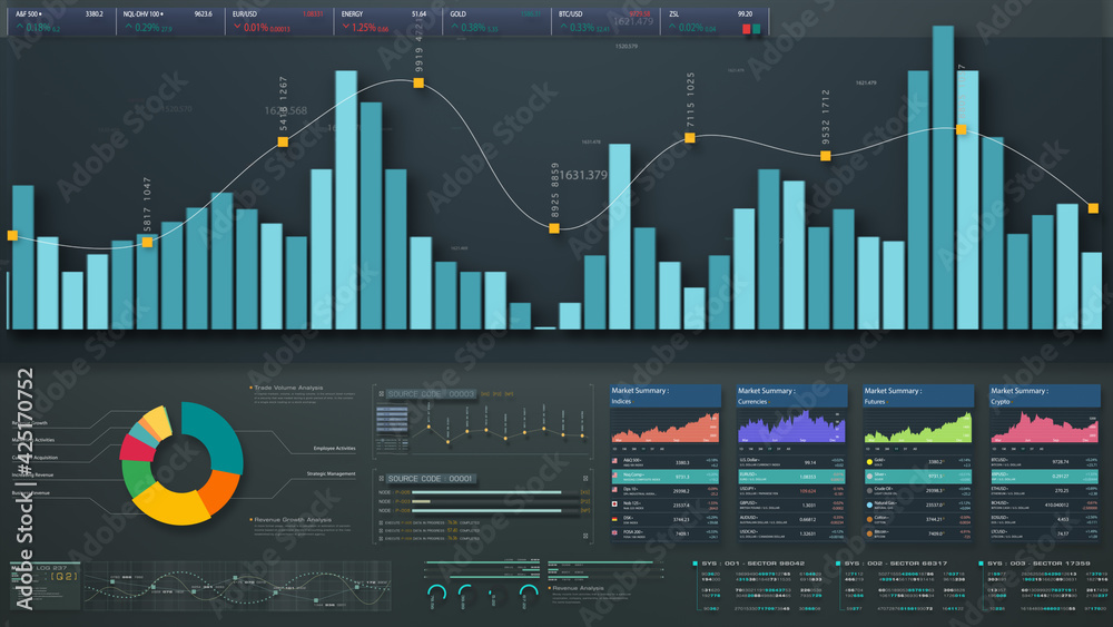 Poster business stock market, trading, info graphic with animated graphs, charts and data numbers insight a