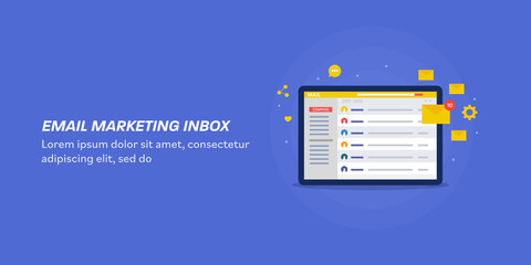 Email marketing message receiving in inbox concept. Incoming email message. Business communication technology, web template yellow background. - obrazy, fototapety, plakaty
