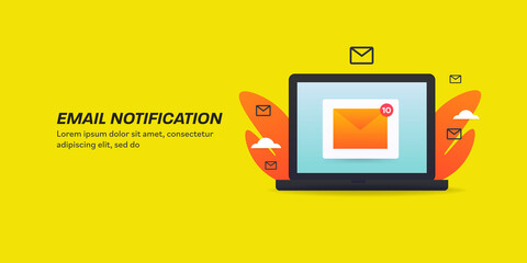 New email notification or online message on laptop screen. Email marketing, business communication and technology concept, yellow background, web template.