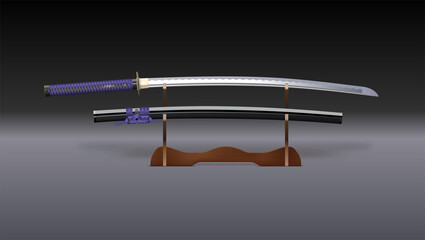 Katana sword with scabbard on stand. Vector 3D illustration.