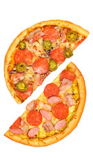 Pizza, two halves isolated on a white background. Versus concept. Appetizing pizza.