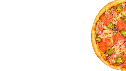 Pizza isolated on white background. Italian food concept. Appetizing pizza. Banner.