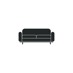 Sofa, dark silhouette, front view, isolated on white background. Vector illustration, flat minimal design, eps 10.