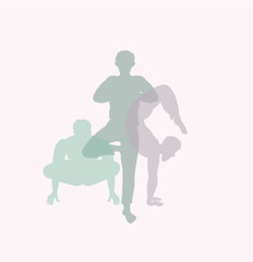 Men in yoga pose, asana. Three people are engaged in gymnastics, perform exercises for meditation, relaxation. health. Sports activities, healthy lifestyle. Vector illustration, flat design, logo.