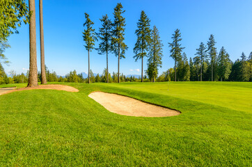 Golf course with gorgeous green and sand bunker