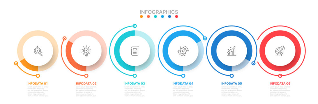 Business infographic template design with marketing icons and 6 options or steps or processes. Can be used for workflow diagram, report or presentation.