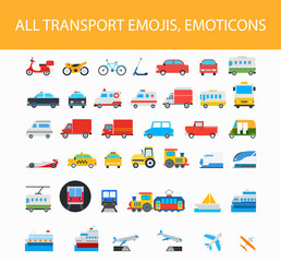 All Transport Vector Icons Set. Transportation, Logistics, Delivery, Shipping, Railway, Airways, Ambulance, Emergency car symbols, emojis, emoticons, flat style vector illustration icons collection