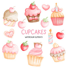 Cupcake watercolor, cupcakes for birthday card. Watercolor Vector illustration