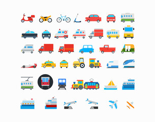 All Transport Vector Icons Set. Transportation, Logistics, Delivery, Shipping, Railway, Airways, Ambulance, Emergency car symbols, emojis, emoticons, flat style vector illustration icons collection