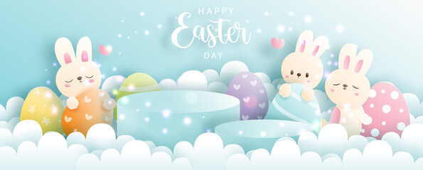 Happy Easter day with cute rabbit and round podium. Product display