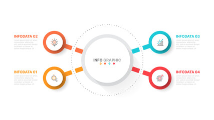 Business infographic template design with circle and marketing icons process step with 4 options. Can be used for workflow diagram, presentation or web design, Vector illustration.