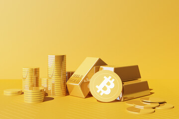 Bitcoin is becoming more valuable than gold and currency today, finance concept in yellow color. 3d rendering