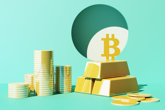 Bitcoin Is Becoming More Valuable Than Gold And Currency Today, Finance Concept In Yellow And Green Color. 3d Rendering