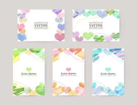 vector card design template with colorful hearts, watercolor decoration