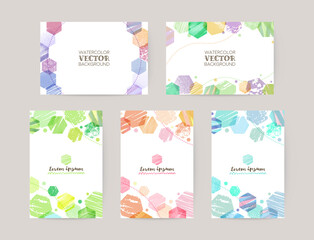 vector card design template with colorful hexagons, watercolor decoration