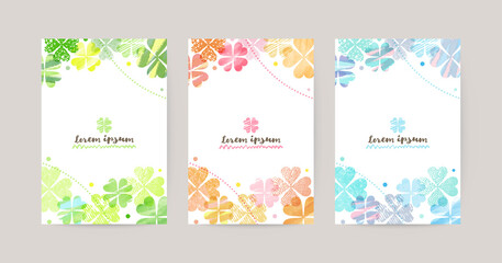 vector card design template with colorful clovers, watercolor decoration