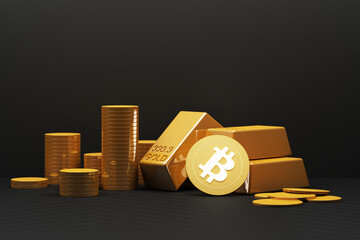 Bitcoin is becoming more valuable than gold and currency today, finance concept in black color. 3d rendering