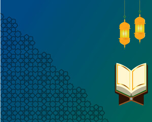 A vector of Al-Quran with moon, islamic geometric and light lantern. Template for islamic wish.