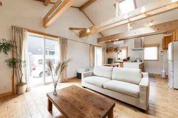 木材と天窓が印象的な一軒家のリビング