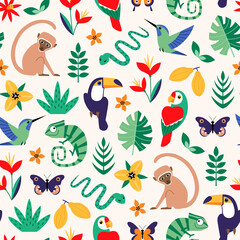 Vector seamless tropical pattern with  jungle stylized animals, birds, flowers and leaves on light background. - 425187105