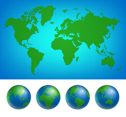 Worldwide detailed map and Earth globes set. Glossy Earth planets with all green continents. Travel around the world, planet protection realistic vector illustration isolated on white background