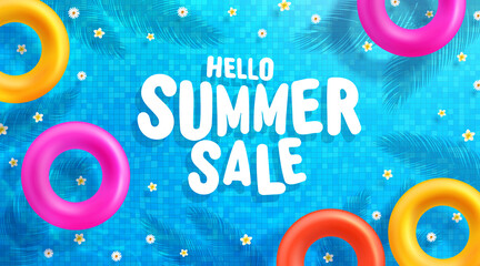 Summer Sale poster and banner template with Colorful Float on water in the tiled pool Background. Sale banner Design for Summer in flat lay styling. Promotion and shopping template for Summer and pool © Fotomay