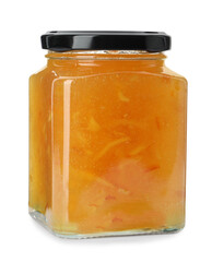 Delicious orange marmalade in jar on white background