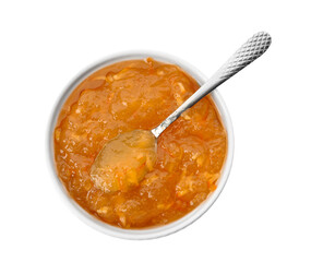 Bowl of delicious orange marmalade with spoon on white background, top view