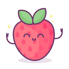 Kawaii strawberry with face, hearts and sparkles with text lettering Berry Cute. Funny fruit pun illustration, 