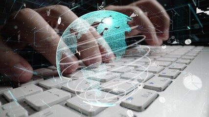 Man working on computer with graphic of business data analytic modernization showing concept of statistical investment decision making methodology, fintech and financial engineering .