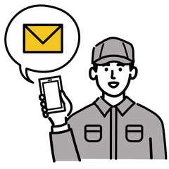 作業服　男性　若い　スマホ　スマートフォン　携帯電話　携帯　メール　ポップ　手描き
