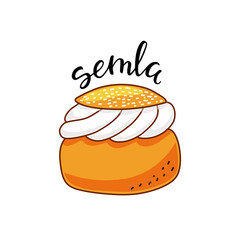 Semla is a traditional sweet bun from Scandinavia and the Baltic countries. It can be used for menu, sign, banner, poster, etc. Cartoon vector illustration