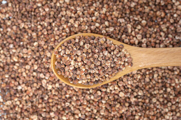 Sorghum rice in a wooden spoon.