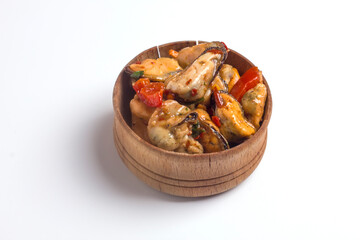 Shellfish. Pickled mussel salad with garlic, pepper in soy sauce. Classic Asian appetizer