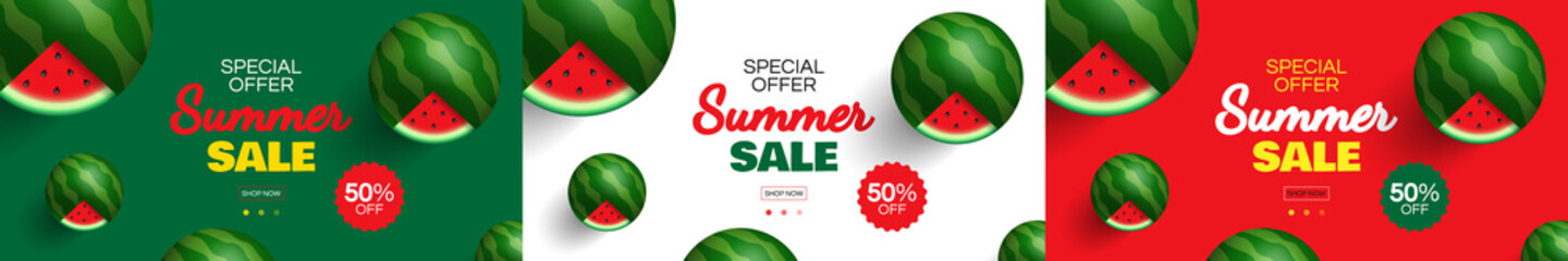 summer sale creative  horizontal banners set design  with watermelon on colorful background vector illustration
